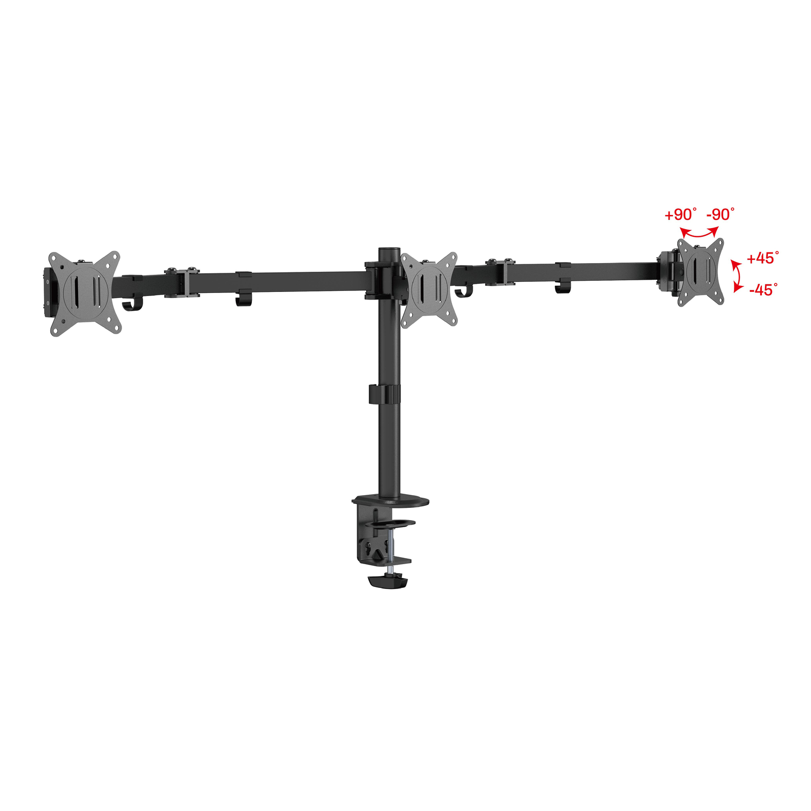FMT73B черный - крепление для трех мониторов горизонтально на стол со струбциной, диагональ от 17 до 27 дюймов, кронштейн настольный, наклонно поворотный, телескопический