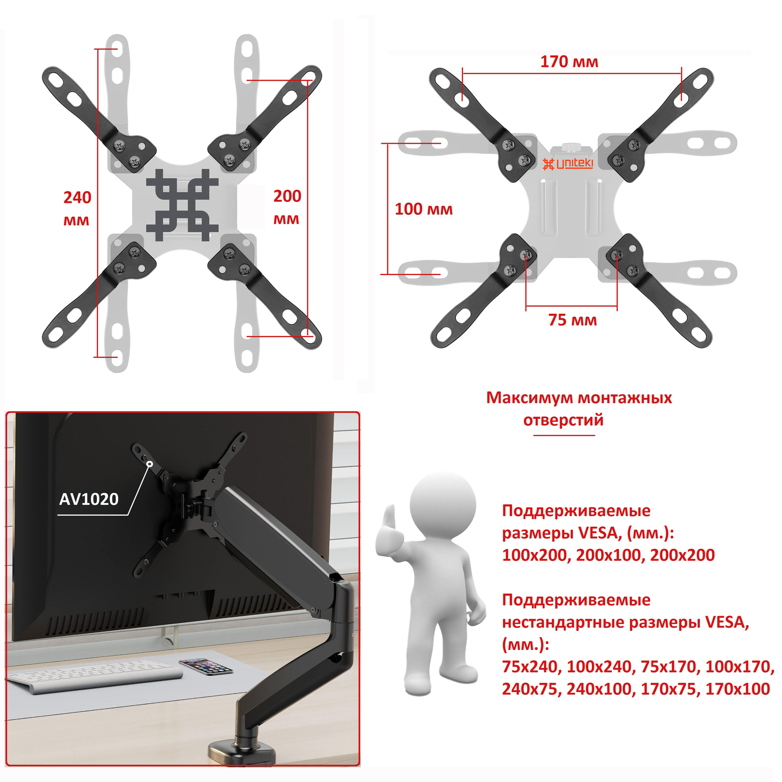 AV1020 черный - адаптер на кронштейн VESA для телевизора или монитора, диагональ 23-43 дюйма