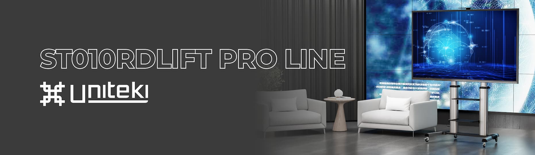 ST010RDLIFT PRO LINE, премиальная алюминиевая напольная мобильная стойка с механическим лифтом для телевизоров и мониторов диагональю от 55 до 120 дюймов.